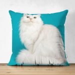 - Suet-K-5678 - Realhomes  Mavi Zeminde Beyaz Kedi Desenli Modern Çift Taraflı Süet Yastık Kırlent Kılıfı Realhomes