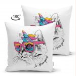 - Suet-K-5688-1 - Realhomes  Renkli Gözlüklü Siyah Beyaz Kedi Dijital Baskılı Modern Çift Taraflı Süet Yastık Kırlent Kılıfı Realhomes