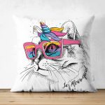 - Suet-K-5688 - Realhomes  Renkli Gözlüklü Siyah Beyaz Kedi Dijital Baskılı Modern Çift Taraflı Süet Yastık Kırlent Kılıfı Realhomes