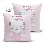Açık Mine Renkli My Love Yazılı Sevimli Kedicik Motifli Modern Çift Taraflı Süet Yastık Kılıfı Realhomes
