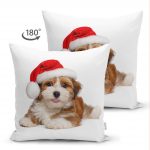 - Suet-K-5694-1 - Realhomes  Yılbaşı Şapkalı Köpek Desenli Dijital Baskılı Modern Çift Taraflı Süet Yastık Kırlent Kılıfı Realhomes