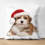 - Suet-K-5694 - Realhomes  Yılbaşı Şapkalı Köpek Desenli Dijital Baskılı Modern Çift Taraflı Süet Yastık Kırlent Kılıfı Realhomes