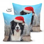 - Suet-K-5698-1 - Realhomes  Çift Taraflı Yılbaşı Şapkalı Köpek Desenli Dijital Baskılı Modern Süet Yastık Kırlent Kılıfı Realhomes