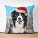 - Suet-K-5698 - Realhomes  Çift Taraflı Yılbaşı Şapkalı Köpek Desenli Dijital Baskılı Modern Süet Yastık Kırlent Kılıfı Realhomes