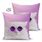 - Suet-K-5699-1 - Realhomes  Çift Taraflı Gözlüklü Kedi Desenli Dijital Baskılı Modern Süet Yastık Kırlent Kılıfı Realhomes