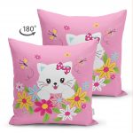 - Suet-K-5704-1 - Realhomes Çift Taraflı Çiçeklerin İçindeki Sevimli Kedi Desenli Modern Süet Yastık Kırlent Kılıfı Realhomes