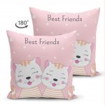 - Suet-K-5708-1 - Realhomes Çift Taraflı Best Friends Kediler Özel Tasarımlı Süet Kırlent Kılıfı Realhomes