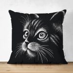 - Suet-K-5709 - Realhomes  Çift Taraflı Siyah Beyaz Sevimli Kedi Dijital Baskılı Modern Süet Yastık Kırlent Kılıfı Realhomes