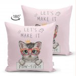 - Suet-K-5711-1 - Realhomes  Çift Taraflı Let's Make It Kedi Desenli Modern Süet Yastık Kırlent Kılıfı Realhomes
