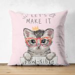 - Suet-K-5711 - Realhomes  Çift Taraflı Let's Make It Kedi Desenli Modern Süet Yastık Kırlent Kılıfı Realhomes