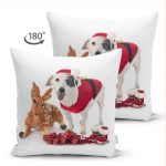 - Suet-K-5733-1 - Realhomes  Çift Taraflı Yılbaşı Kıyafetli Köpek Desenli Dijital Baskılı Modern Süet Yastık Kırlent Kılıfı Realhomes