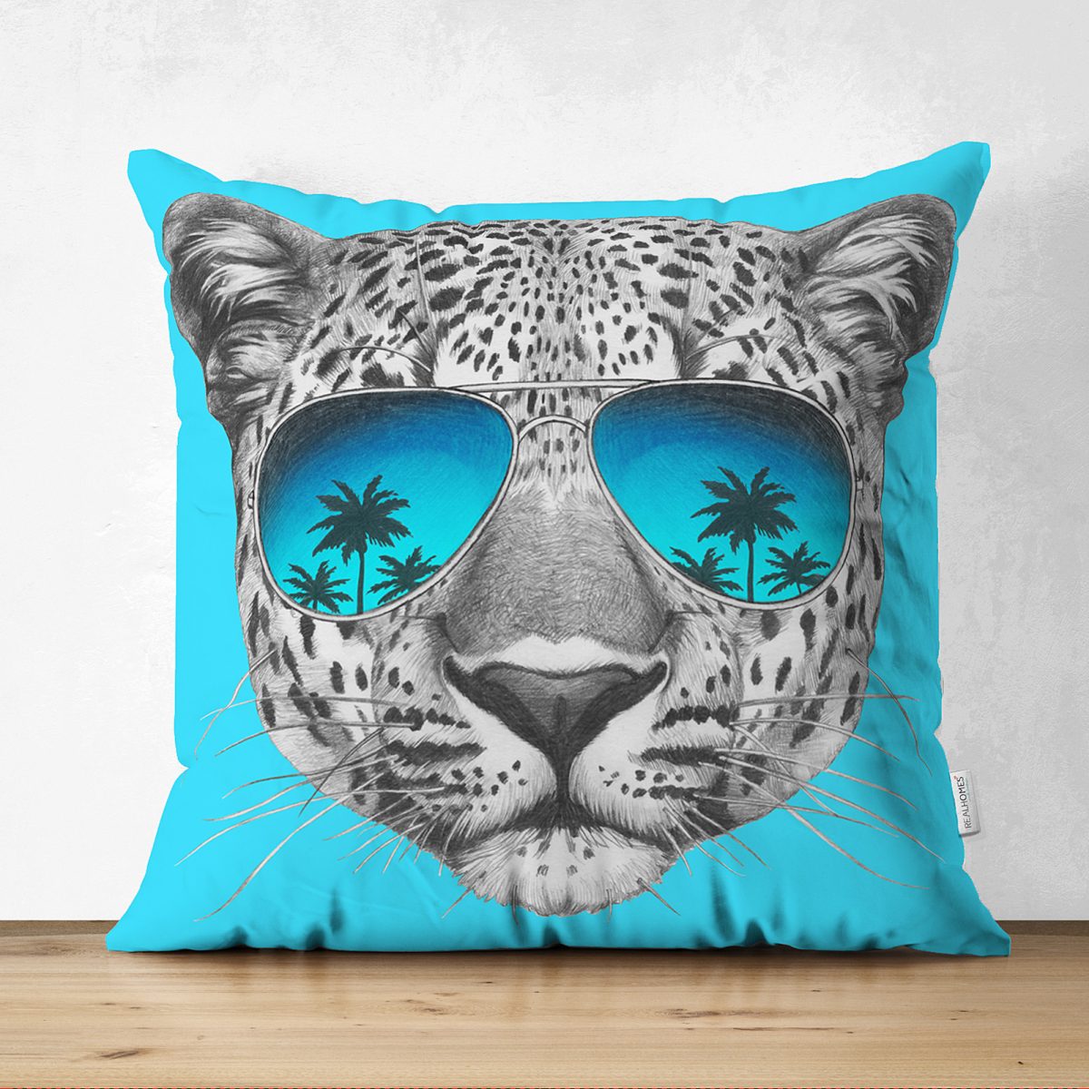 Çift Taraflı Mavi Zeminli Gözlüklü Cool Leopar Desenli Modern Süet Yastık Kılıfı Realhomes
