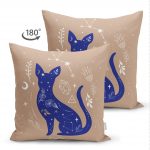 - Suet-K-5748-1 - Realhomes Çift Taraflı Haki Zeminli Mavi Kedi Desenli Özel Tasarım Süet Yastık Kılıfı Realhomes