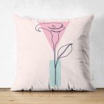 - Suet-K-5778 - Realhomes Çift Taraflı Pembe Zeminde Gül Motifli Bohemian Dekoratif Süet Kırlent Kılıfı Realhomes