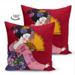 - Suet-K-5790-1 - Realhomes Çift Taraflı Yelpazeli Japon Kadın Motifli Dekoratif Süet Yastık Kılıfı Realhomes