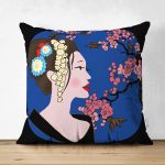 - Suet-K-5794siyah - Realhomes Çift Taraflı Çiçek Motifli Japon Kız Desenli Dekoratif Süet Yastık Kılıfı Realhomes