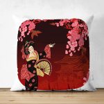 - Suet-K-5799 - Realhomes  Çift Taraflı Çiçek Desenli Yelpazeli Japon Kız Motifli Modern Süet Kırlent Kılıfı Realhomes