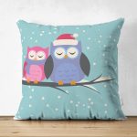- Suet-K-58 - Realhomes  Çift Taraflı Baykuş Desenli Dijital Baskılı Dekoratif Süet Yastık Kırlent Kılıfı Realhomes