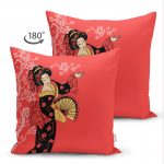 Çift Taraflı Prenses Pembe Zeminli Yelpazeli Kadın Desenli Dekoratif Süet Yastık Kılıfı Realhomes