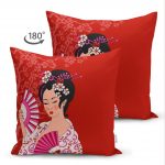 - Suet-K-5802-1 - Realhomes Çift Taraflı Kırmızı Zeminli Pembe Yelpazeli Japon Kız Dijital Baskılı Dekoratif Süet Yastık Kılıfı Realhomes