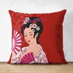 - Suet-K-5802 - Realhomes Çift Taraflı Kırmızı Zeminli Pembe Yelpazeli Japon Kız Dijital Baskılı Dekoratif Süet Yastık Kılıfı Realhomes