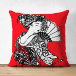 Çift Taraflı Kırmızı Zeminde Gri Japon Kız Motifli Süet Yastık Kılıfı Realhomes