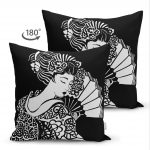 - Suet-K-5805-1 - Realhomes Çift Taraflı Siyah Zeminde Gri Japon Kız Motifli Dekoratif Süet Kırlent Kılıfı Realhomes