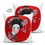 - Suet-K-5807-1 - Realhomes  Çift Taraflı Beyaz ve Kırmızı Zeminde Papatya Tasarımlı Japon Kız Modern Süet Kırlent Kılıfı Realhomes