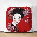 - Suet-K-5807 - Realhomes  Çift Taraflı Beyaz ve Kırmızı Zeminde Papatya Tasarımlı Japon Kız Modern Süet Kırlent Kılıfı Realhomes