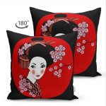 - Suet-K-5808-1 - Realhomes  Çift Taraflı Siyah ve Kırmızı Zeminde Papatya Tasarımlı Japon Kız Modern Süet Yastık Kılıfı Realhomes