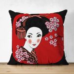- Suet-K-5808 - Realhomes  Çift Taraflı Siyah ve Kırmızı Zeminde Papatya Tasarımlı Japon Kız Modern Süet Yastık Kılıfı Realhomes