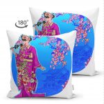 - Suet-K-5810-1 - Realhomes Çift Taraflı Beyaz ve Mavi Zeminli Çiçekli Japon Kadın Desenli Modern Süet Kırlent Kılıfı Realhomes