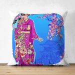 - Suet-K-5810 - Realhomes Çift Taraflı Beyaz ve Mavi Zeminli Çiçekli Japon Kadın Desenli Modern Süet Kırlent Kılıfı Realhomes