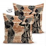 - Suet-K-5818-1 - Realhomes Çift Taraflı Etnik Desen Zeminli Afrika Kadın Motifli Dekoratif Süet Yastık Kılıfı Realhomes