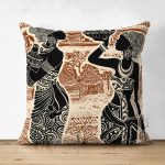 - Suet-K-5818 - Realhomes Çift Taraflı Etnik Desen Zeminli Afrika Kadın Motifli Dekoratif Süet Yastık Kılıfı Realhomes