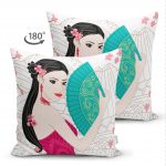 - Suet-K-5821-1 - Realhomes Çift Taraflı Mavi Yelpazeli Çizgi Motifli Kadın Motifli Dekoratif Süet Yastık Kılıfı Realhomes