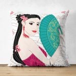 - Suet-K-5821 - Realhomes Çift Taraflı Mavi Yelpazeli Çizgi Motifli Kadın Motifli Dekoratif Süet Yastık Kılıfı Realhomes