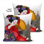 - Suet-K-5826-1 - Realhomes Çift Taraflı Etnik Desen Zeminli Sarı Yelpazeli Japon Kadın Motifli Süet Kırlent Kılıfı Realhomes