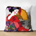 - Suet-K-5826 - Realhomes Çift Taraflı Etnik Desen Zeminli Sarı Yelpazeli Japon Kadın Motifli Süet Kırlent Kılıfı Realhomes