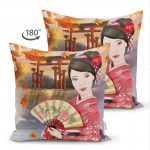 Çift Taraflı Gül Motifli Yelpaze Tutan Japon Kadın Motifli Dekoratif Süet Kırlent Kılıfı Realhomes