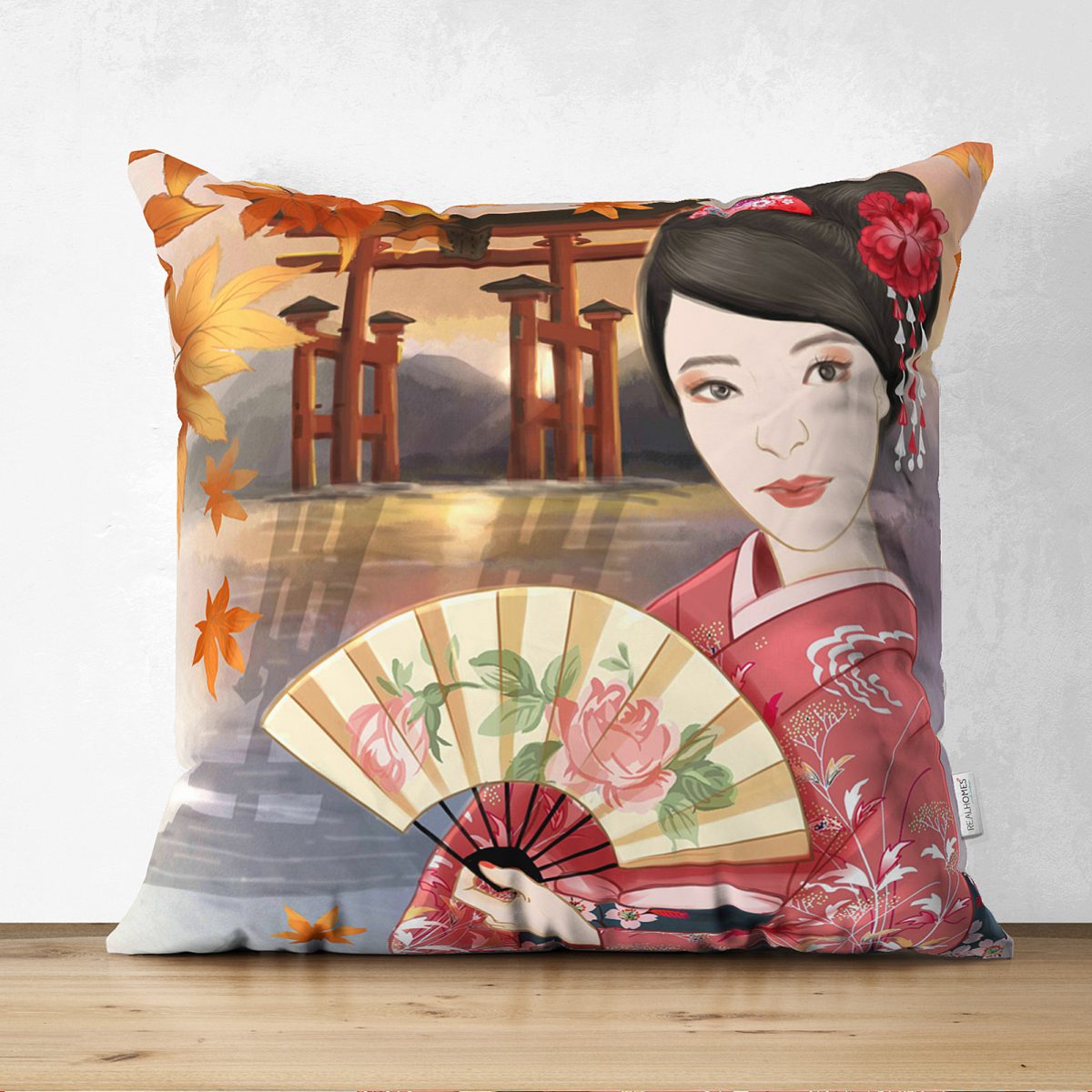 Çift Taraflı Gül Motifli Yelpaze Tutan Japon Kadın Motifli Dekoratif Süet Kırlent Kılıfı Realhomes