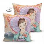 Çift Taraflı Şemsiyeli Japon Kız Motifli Dekoratif Süet Kırlent Kılıfı Realhomes