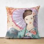 Çift Taraflı Şemsiyeli Japon Kız Motifli Dekoratif Süet Kırlent Kılıfı Realhomes