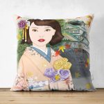 - Suet-K-5834 - Realhomes Çift Taraflı Japon Kültürü Zeminli Gül Tutan Japon Kadın Modern Süet Kırlent Kılıfı Realhomes