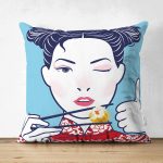 - Suet-K-5841 - Realhomes Çift Taraflı Suşi Yiyen Japon Kız Desenli Modern Süet Kırlent Kılıfı Realhomes