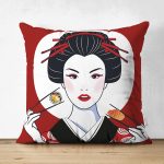 Çift Taraflı Suşi Yiyen Japon Kız Motifli Modern Süet Yastık Kılıfı Realhomes