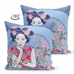 Çift Taraflı İnci Kolyeli Japon Kadın Dijital Baskılı Modern Süet Kırlent Kılıfı Realhomes