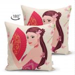 - Suet-K-5859-1 - Realhomes  Çift Taraflı Pembe Yelpazeli Kadın Motifli Süet Kırlent Kılıfı Realhomes