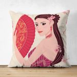 - Suet-K-5859 - Realhomes  Çift Taraflı Pembe Yelpazeli Kadın Motifli Süet Kırlent Kılıfı Realhomes