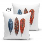 - Suet-K-6748-1 - Realhomes Çift Taraflı Beyaz Zeminde Üç Renkli Tüy Desenli Dekoratif Süet Yastık Kırlent Kılıfı Realhomes